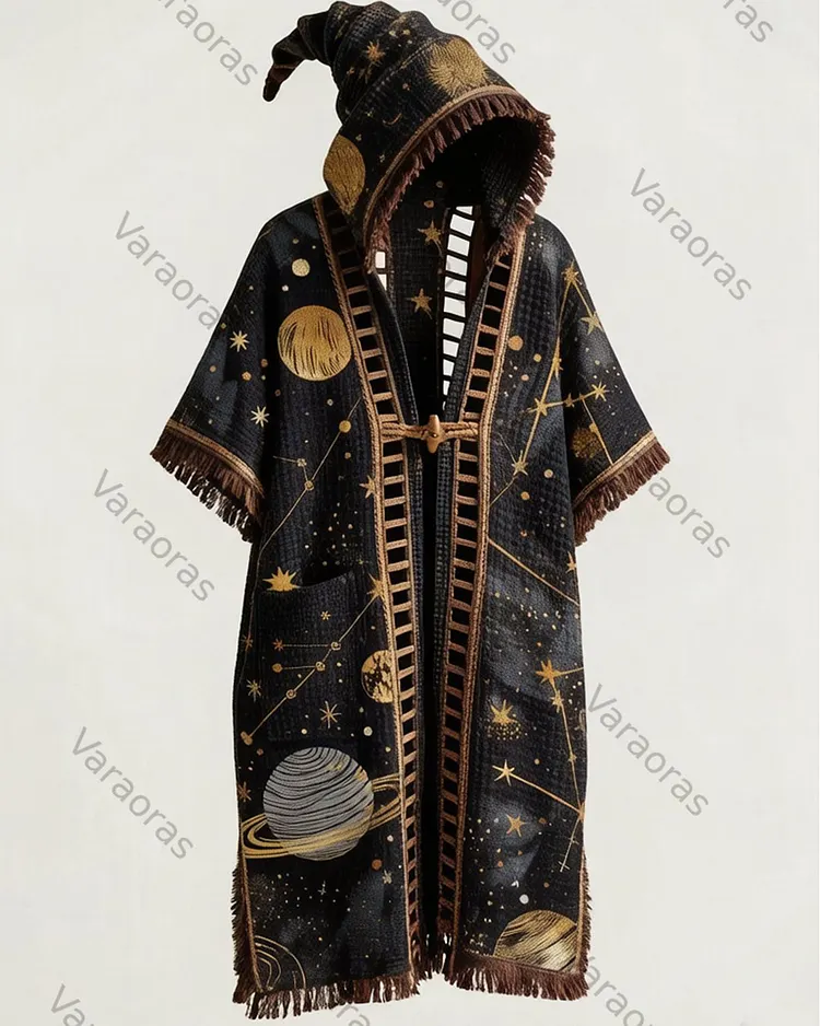 Men's Summer Fashion Star and Moon Embroidered Linen Hooded Cape 2401