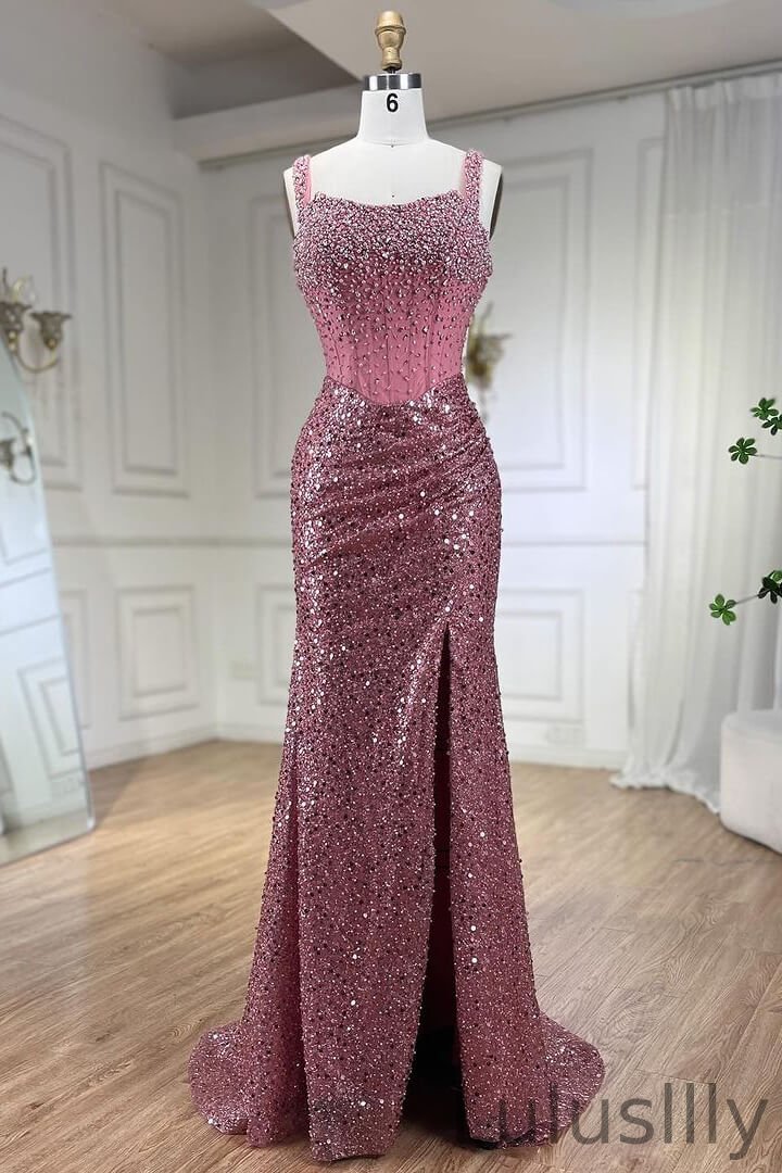 Classic Sleeveless Mermaid Evening Gowns With Split Sequins Beadings Pearls - lulusllly