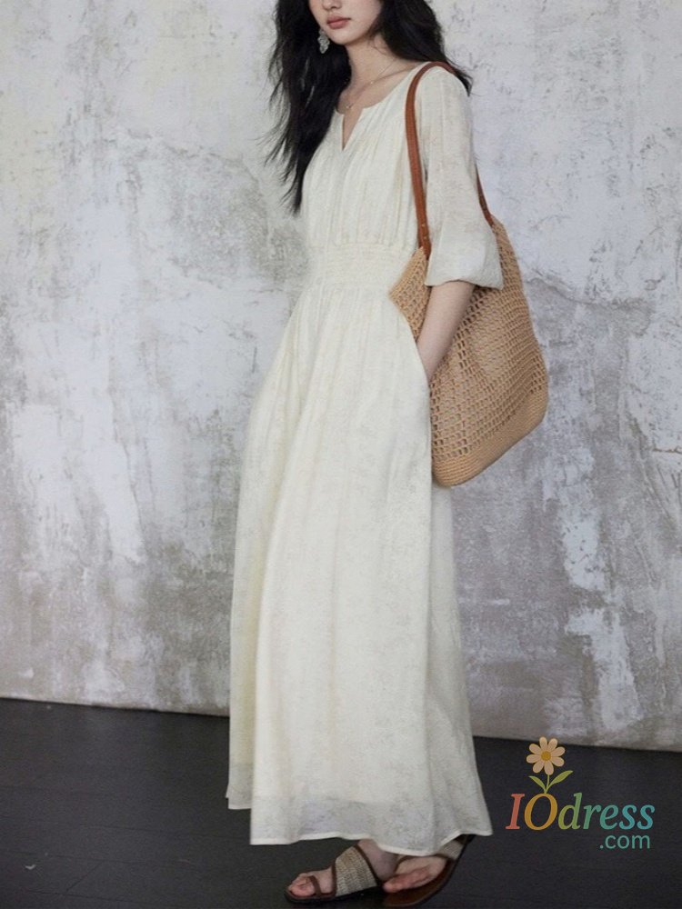 IO Dress Tencel Dress, Women's Summer Retro V-Neck Slim Waist Embroidered Dress,Temperament, Long Dress, Big Bottom Dress IO Dress