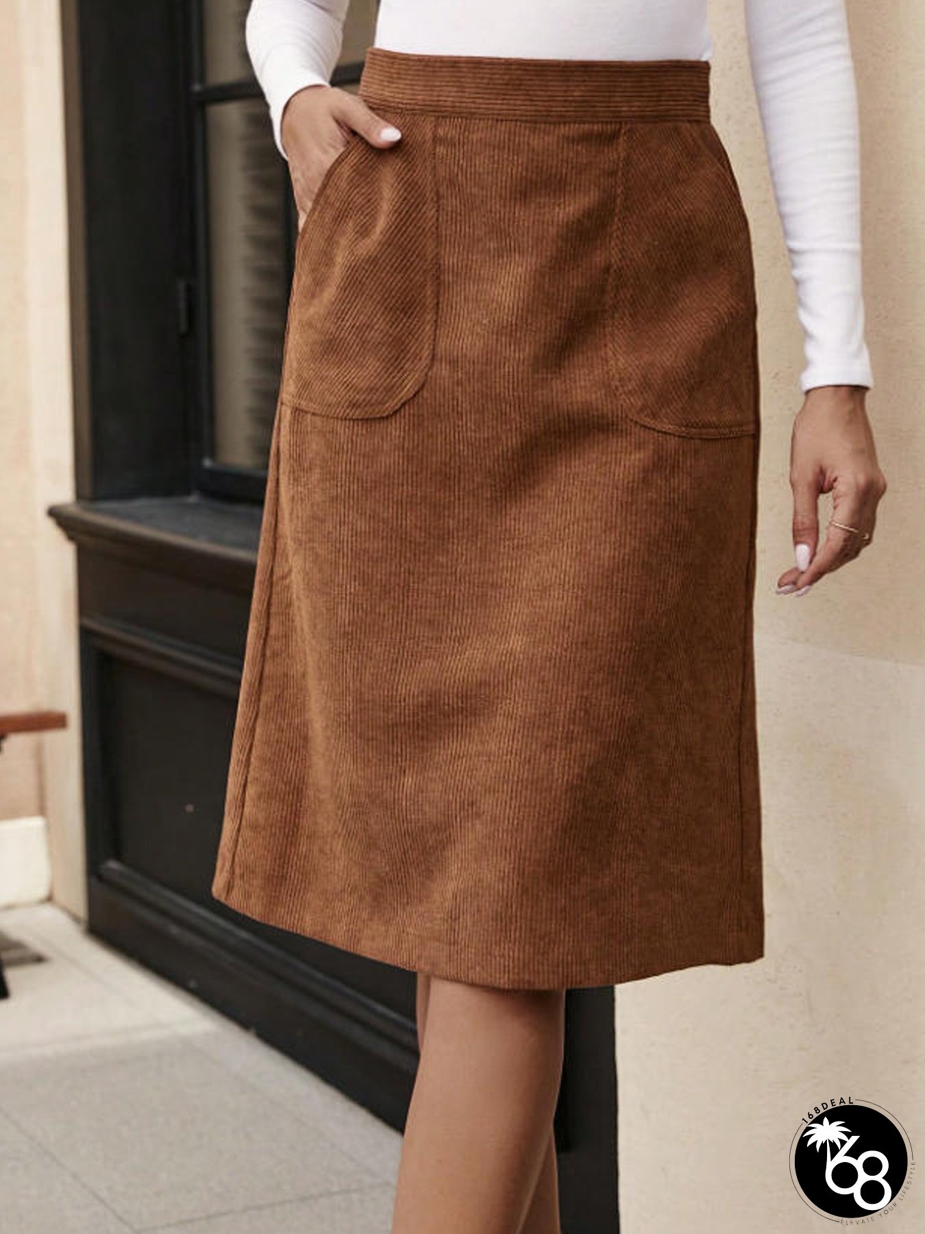 Womens High-Waist Corduroy Skirt Pockets Elegant Mid-Length Brown FallWinter Collection | 168DEAL
