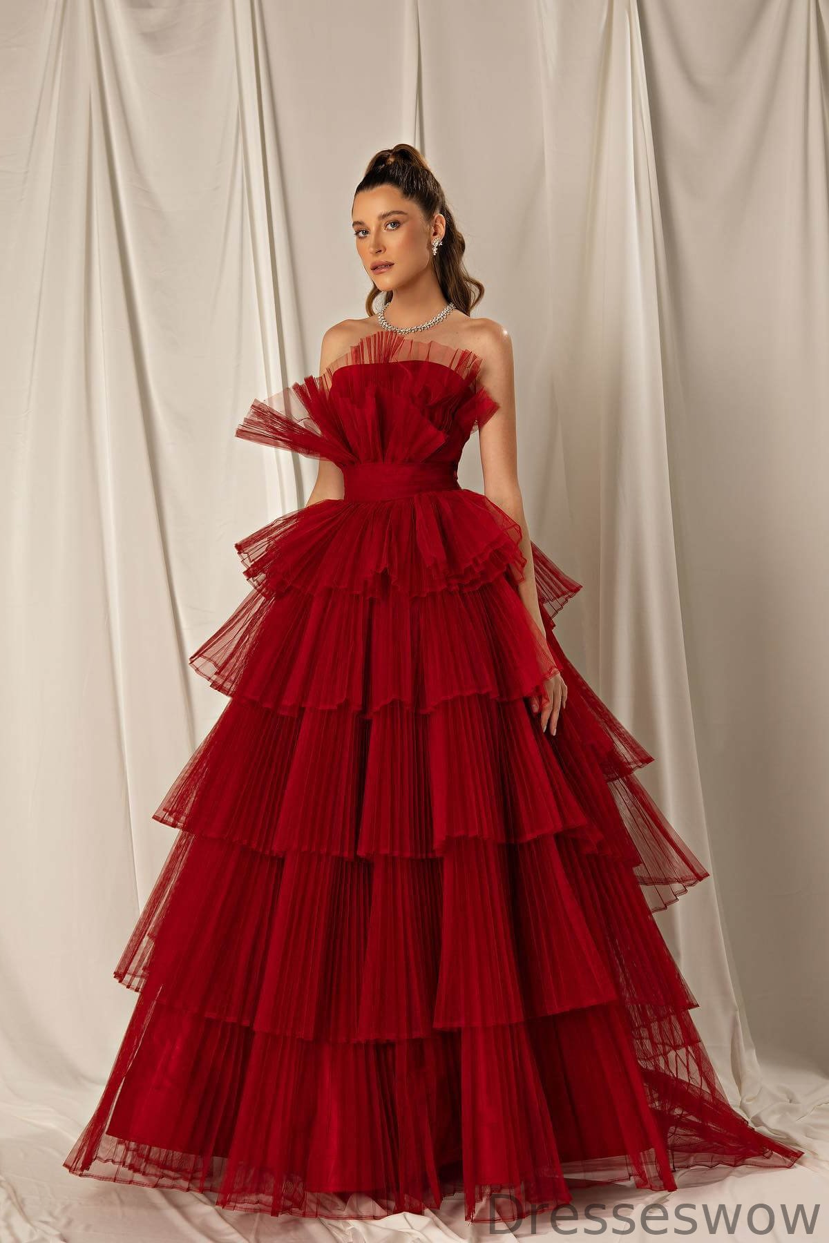 Dresseswow Burgundy Strapless Long Evening Dress Tulle Layered Online