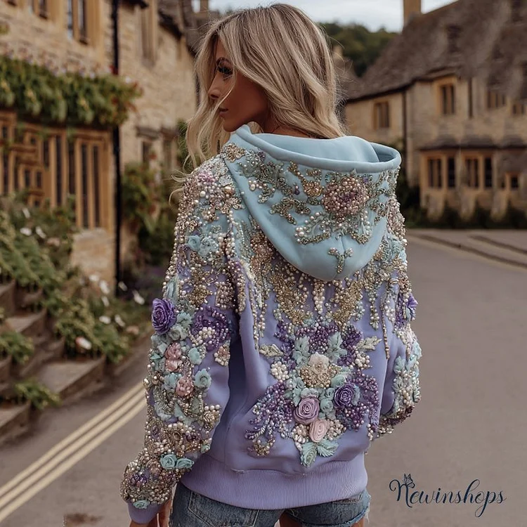 Vintage Floral Embroidery Gradient Art Casual Hooded