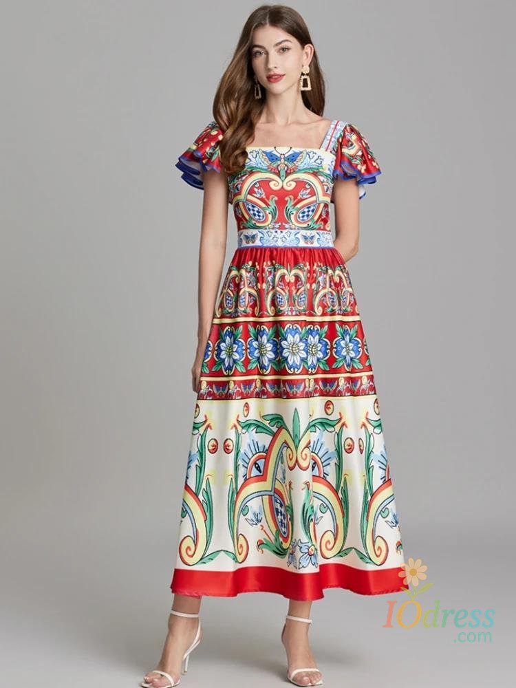 IO Dress Women Square Collar Flying Sleeve Elegant Backless Long Dress Summer Rumway Fashion Flower Print High Waist Beach Party Vestidos