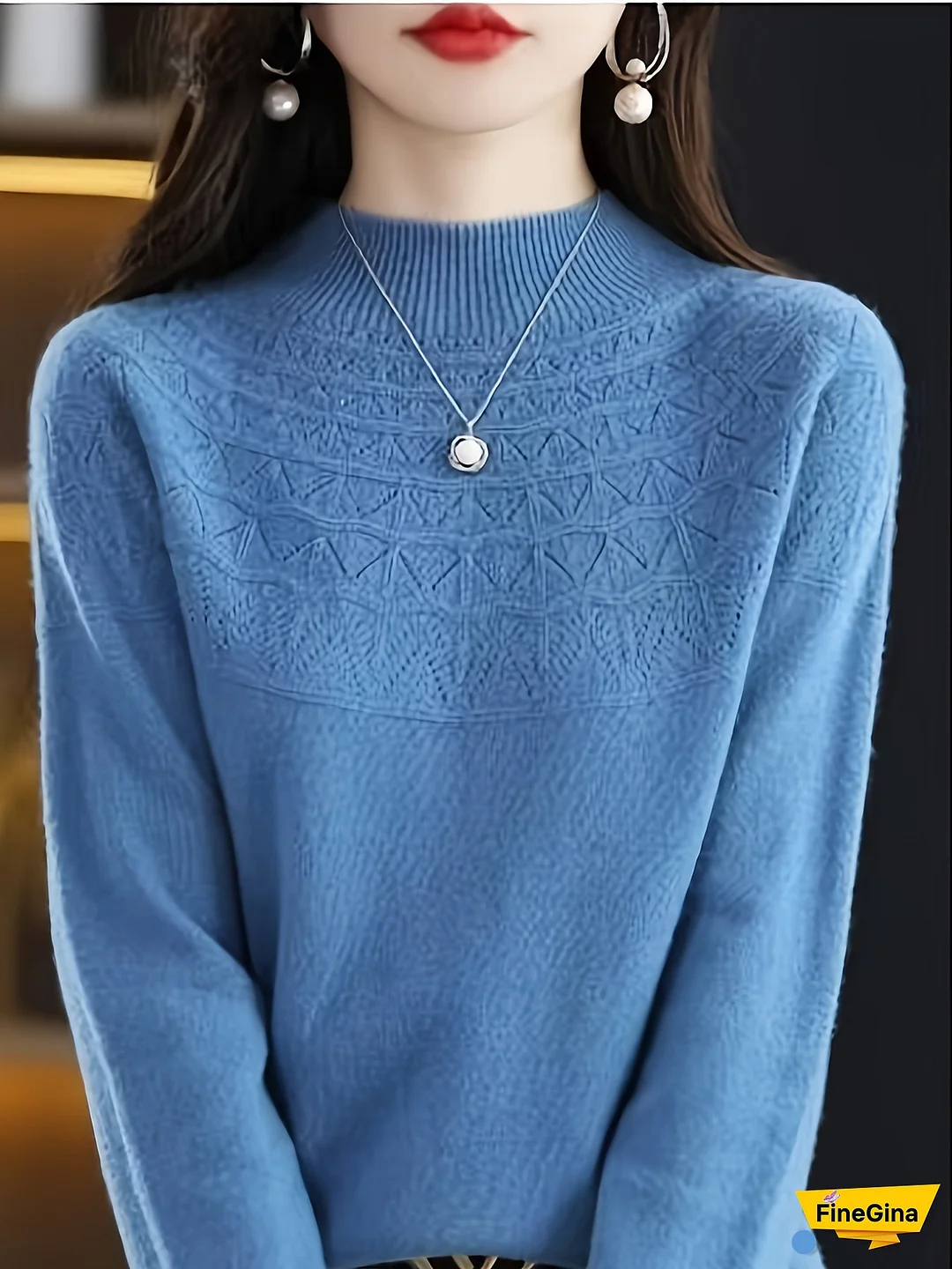 Women's Wool High-Neck Sweater - Soft Semi-Sheer Winter Sweating-Layering Top, Light Brown/Beige Casual & Formal Wear, Cozy Fall & Winter Clothing (Hand Wash/Dry Clean) - Luxury Lattice Design Blouse