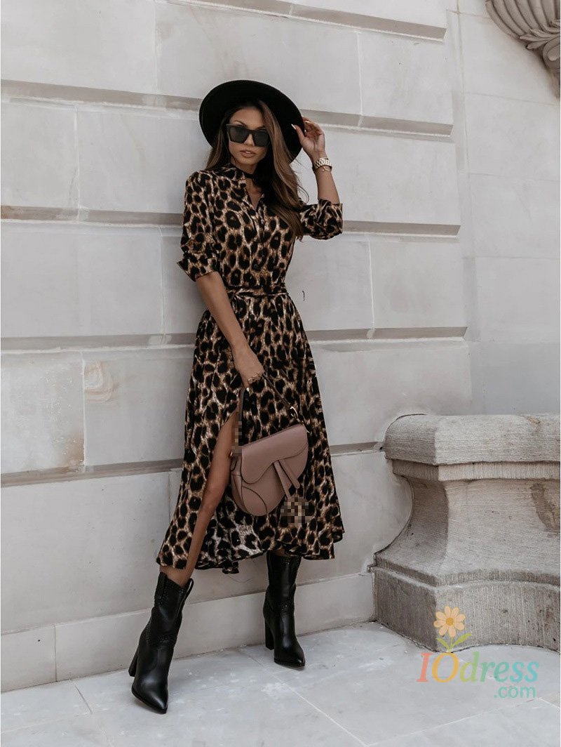 IO Dress 2024 New Autumn And Winter Elegant V-Neck Fashionable Lace Up Waist Cinched Long Sleeved Leopard Print Street Style Dress