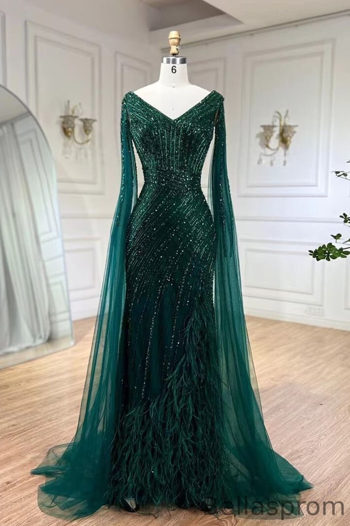 Bellasprom Dark Green V-Neck Mermaid Evening Dress Ruffle Sleeves With Beadings Feather Bellasprom