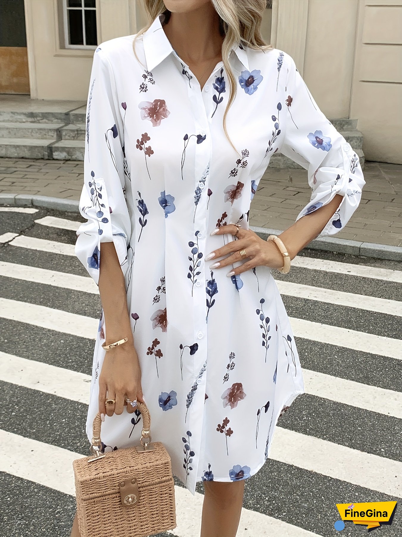 Elegant Floral Print Shirt Dress For Women - Spring/Summer Vacation Style With Collar, Long Sleeves, And Button-Up Front, Lightweight Polyester Fabric, Perfect For Casual Or Chic Outfits, Cute Dress