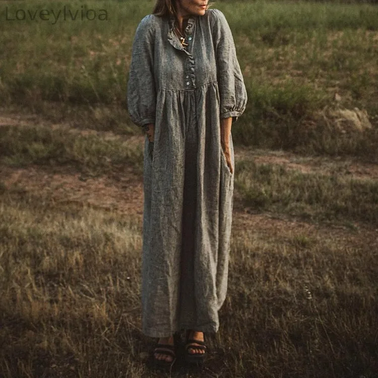 Casual Loose Ruffled Button Gathered Maxi Dress