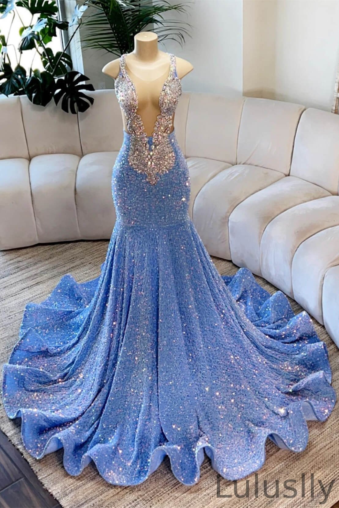Luluslly Blue Scoop Sleeveless Mermaid Prom Dresses With Beadings Sequins Crystals
