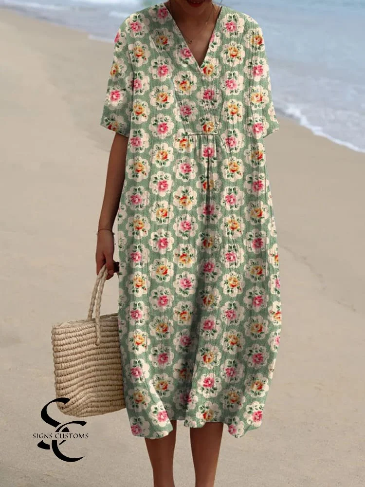 Casual Flowy Dress with Vintage Floral Art Prints