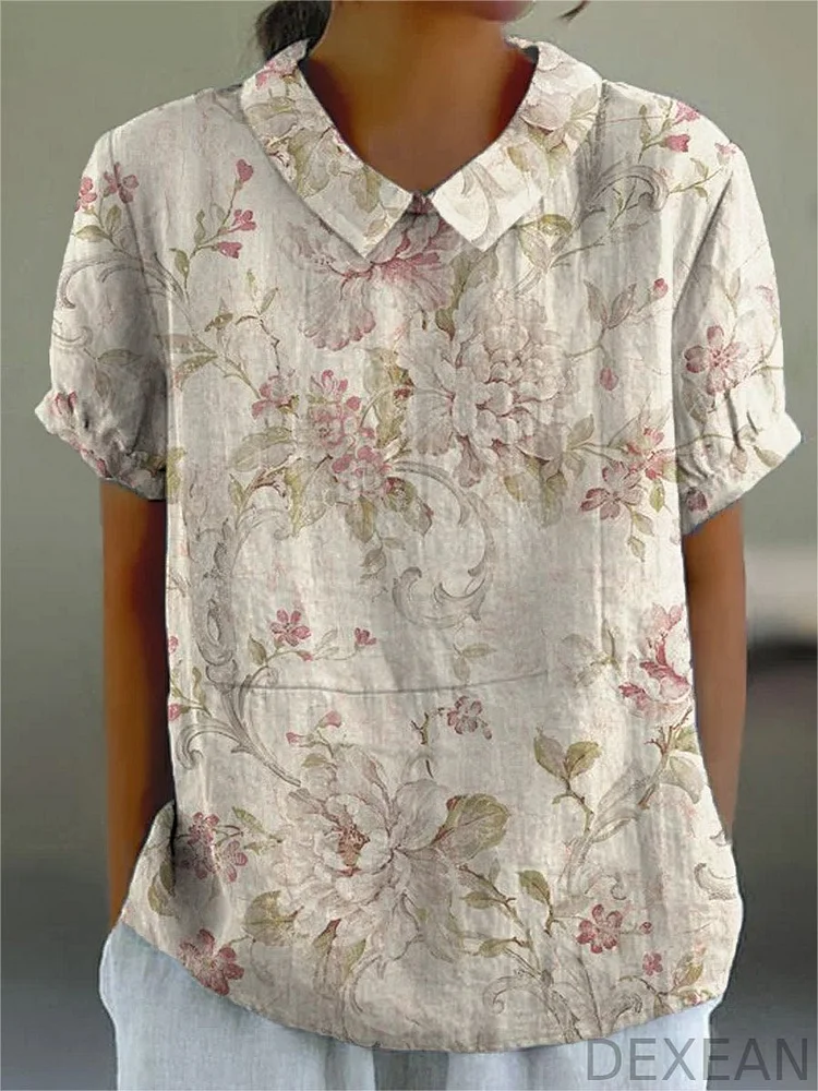 Women's Retro Floral Art Print Casual Cotton And Linen Shirt