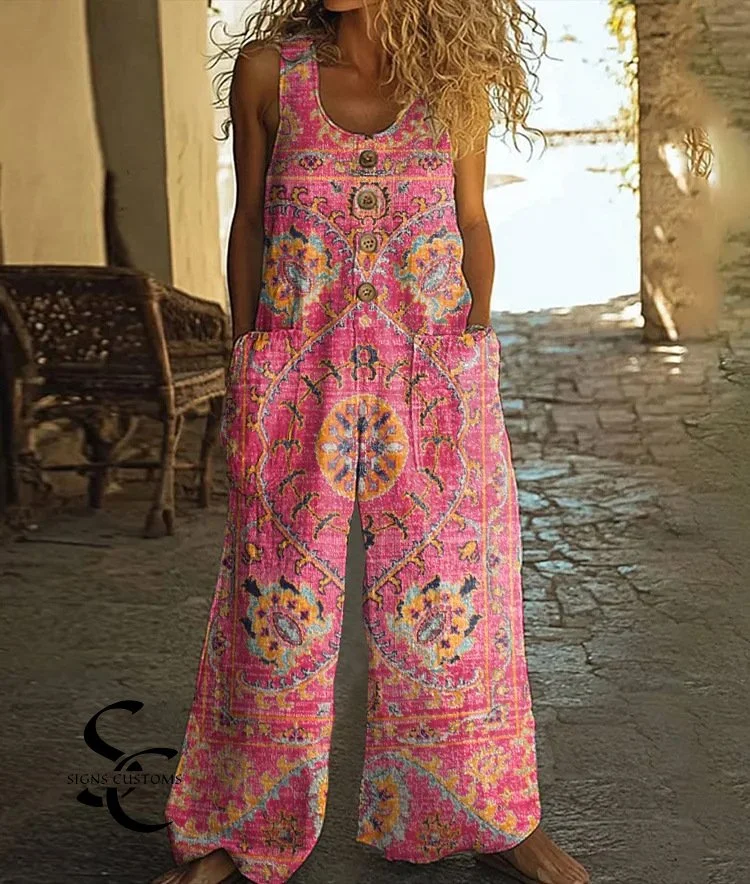 Women's Vintage Flower Print Casual Cotton And Linen Loose Straight-leg Wide-leg Pants