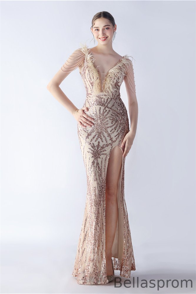 Bellasprom V-Neck Sequins Prom Dress Mermaid Sequins High Slit On Sale Bellasprom
