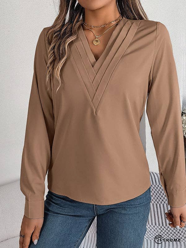 Long Sleeves Loose Pleated Solid Color Split-Joint V-Neck T-Shirts Tops | IFYHOME