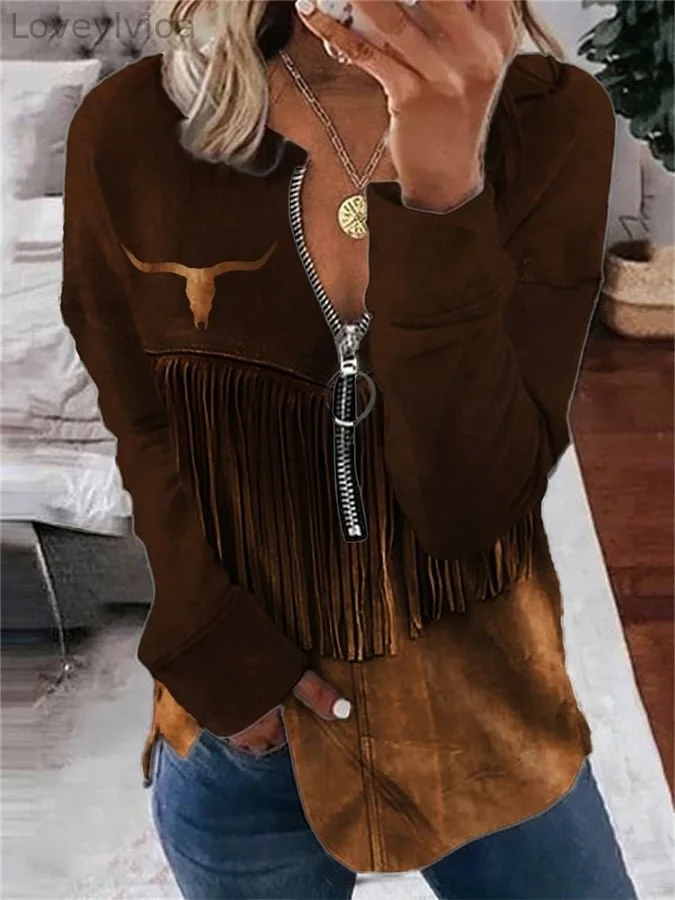Western Bull Skull Contrast Leather Art Zip Fringed Sweatshirt