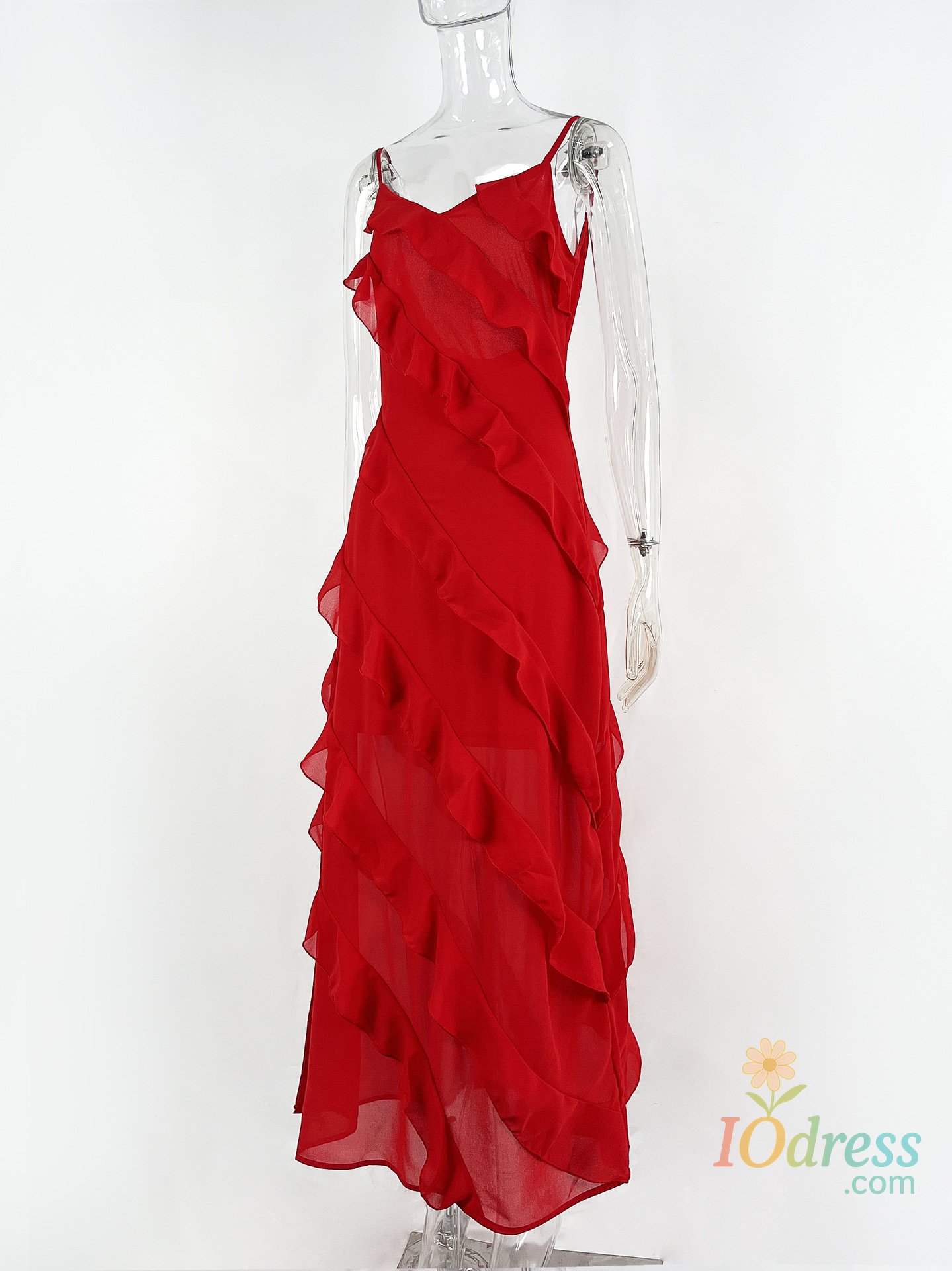 IO Dress 2024 Summer Fashion New Elegant Women's Sexy Chiffon Vacation Style Sling Dress with Ruffle Edge Style Long Dress