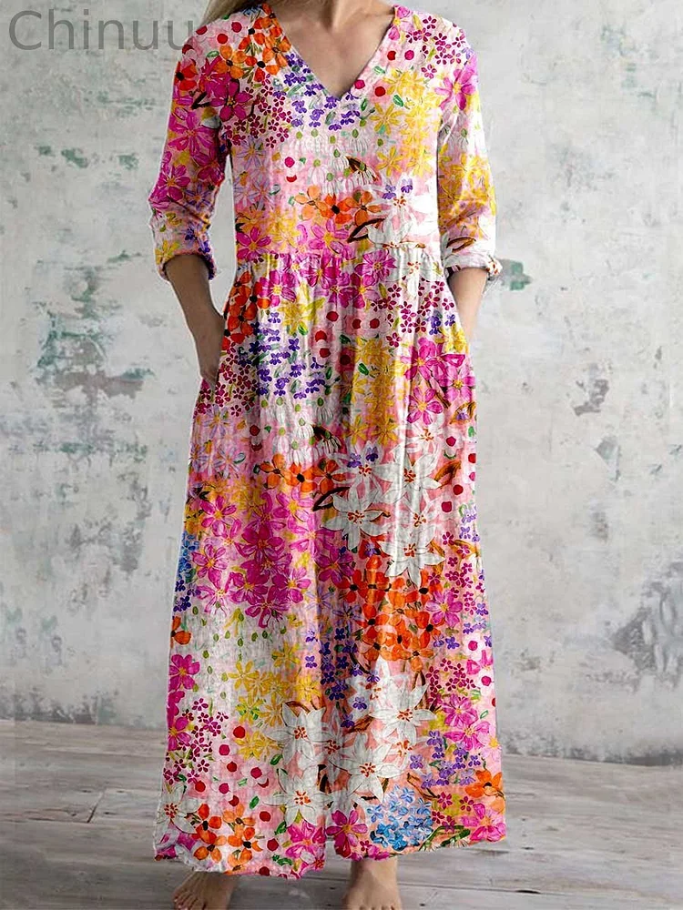 Women's Elegant Floral Pattern V-Neck Cotton and Linen Dress