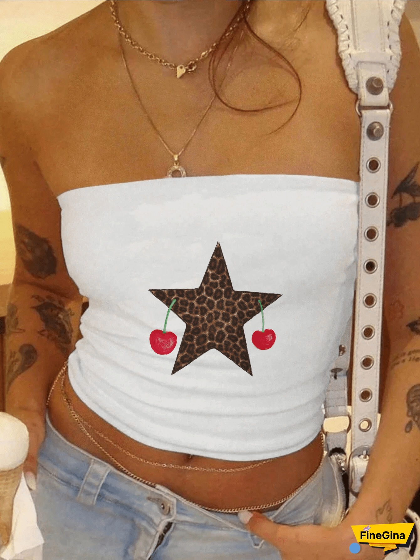 Leopard Print Star Cherry Print Ruched Crop Slim Fit Tube Top - Women's Clothing - Sleeveless, Backless, Strapless, Y2K Inspired, Bodycon, Spring And Summer Essential