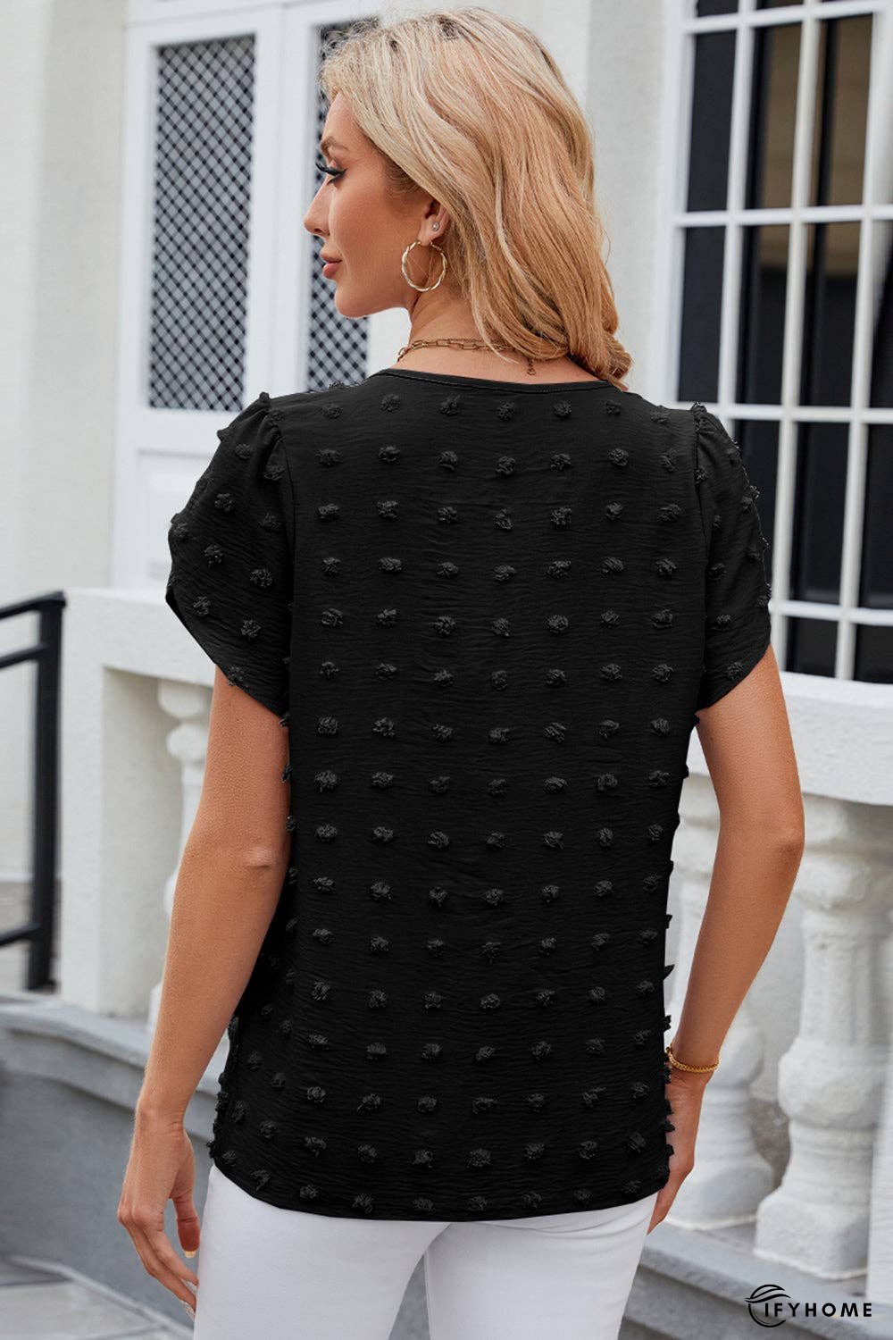 Swiss Dot Round Neck Petal Sleeve Blouse | IFYHOME