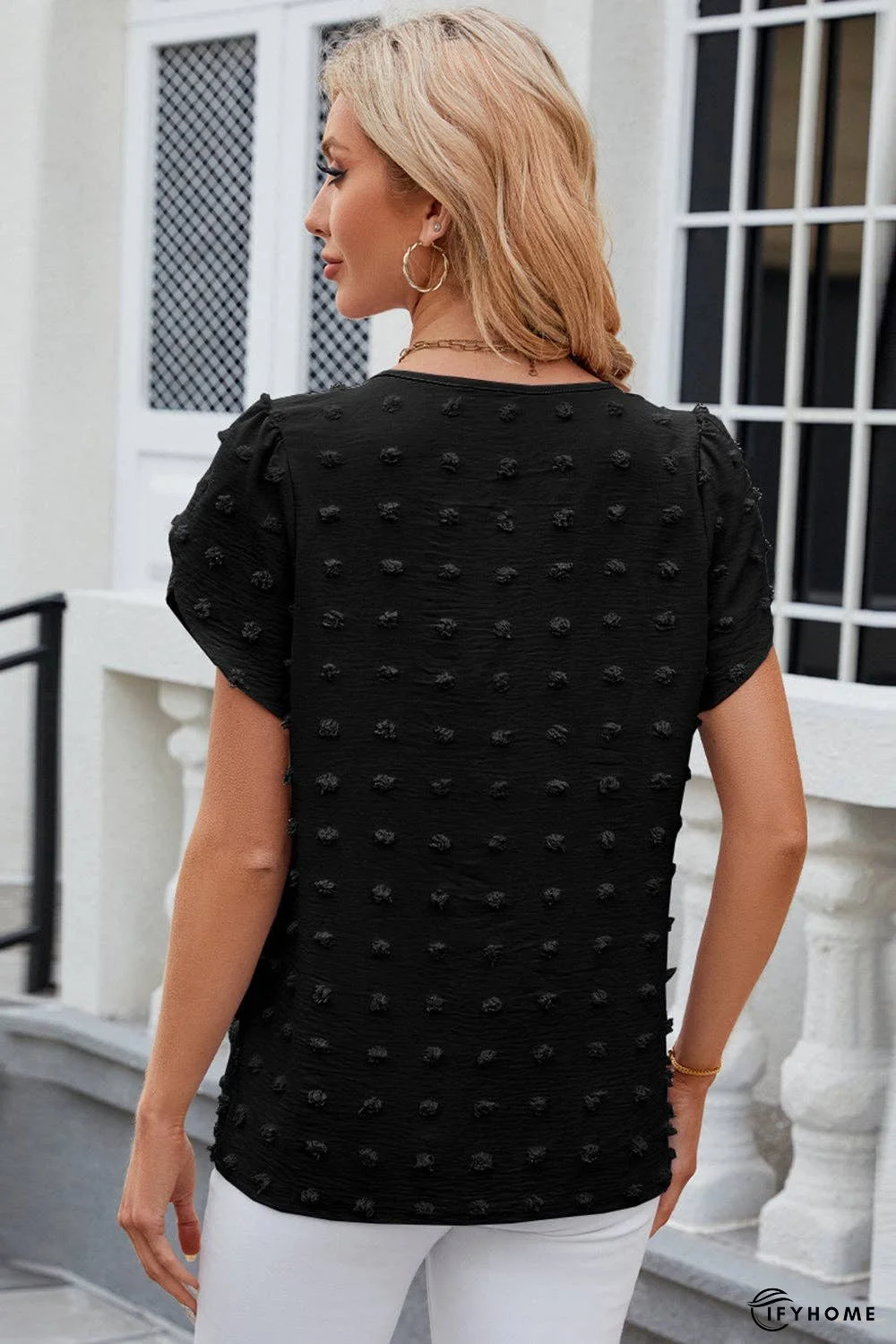 Swiss Dot Round Neck Petal Sleeve Blouse | IFYHOME