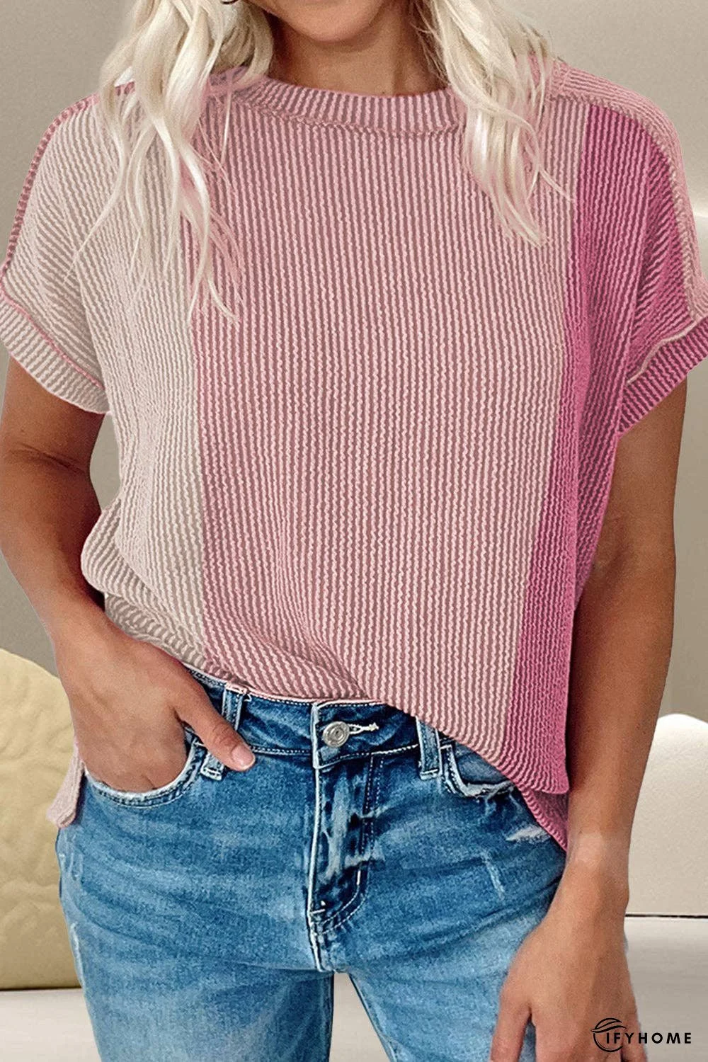 Color Block Round Neck Short Sleeve T-Shirt - 5% Elastane | IFYHOME