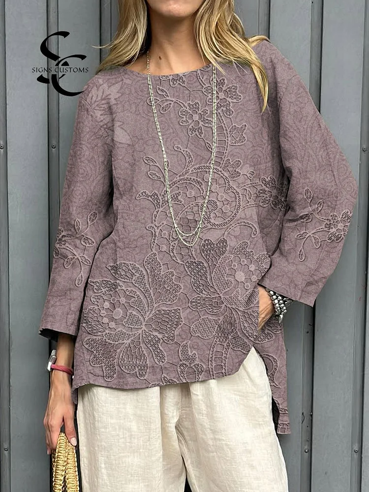 Women's Vintage Floral Art Print Casual Cotton And Linen Shirt