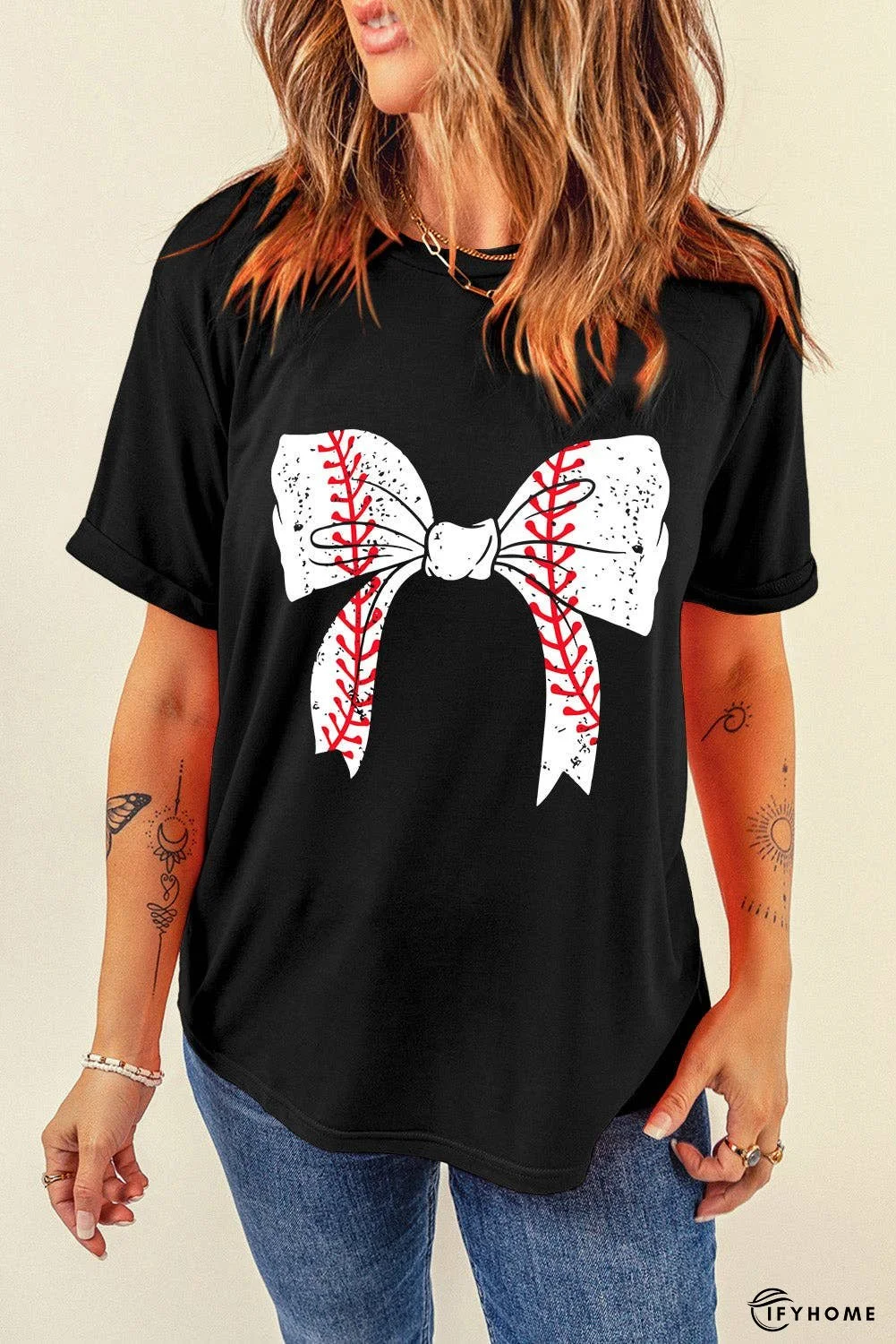 Black Baseball Bowknot Graphic Roll Up Sleeve Tee | IFYHOME