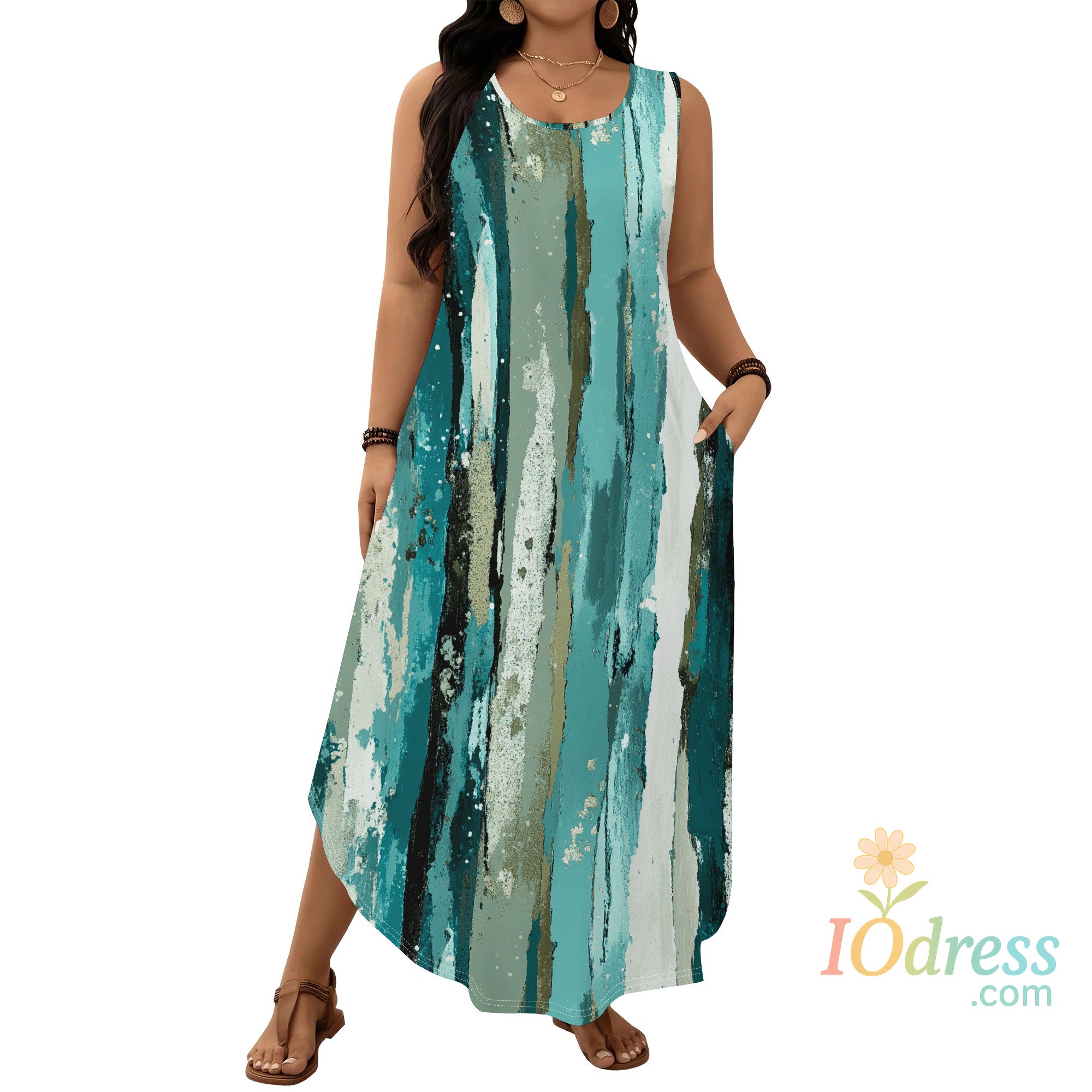 IO Dress Plus Size Brushstroke Print Maxi Dress XL-6XL Earth Tone Sleeveless Style for Autumn Brunch, Art Walk or Everyday Look IO Dress Store