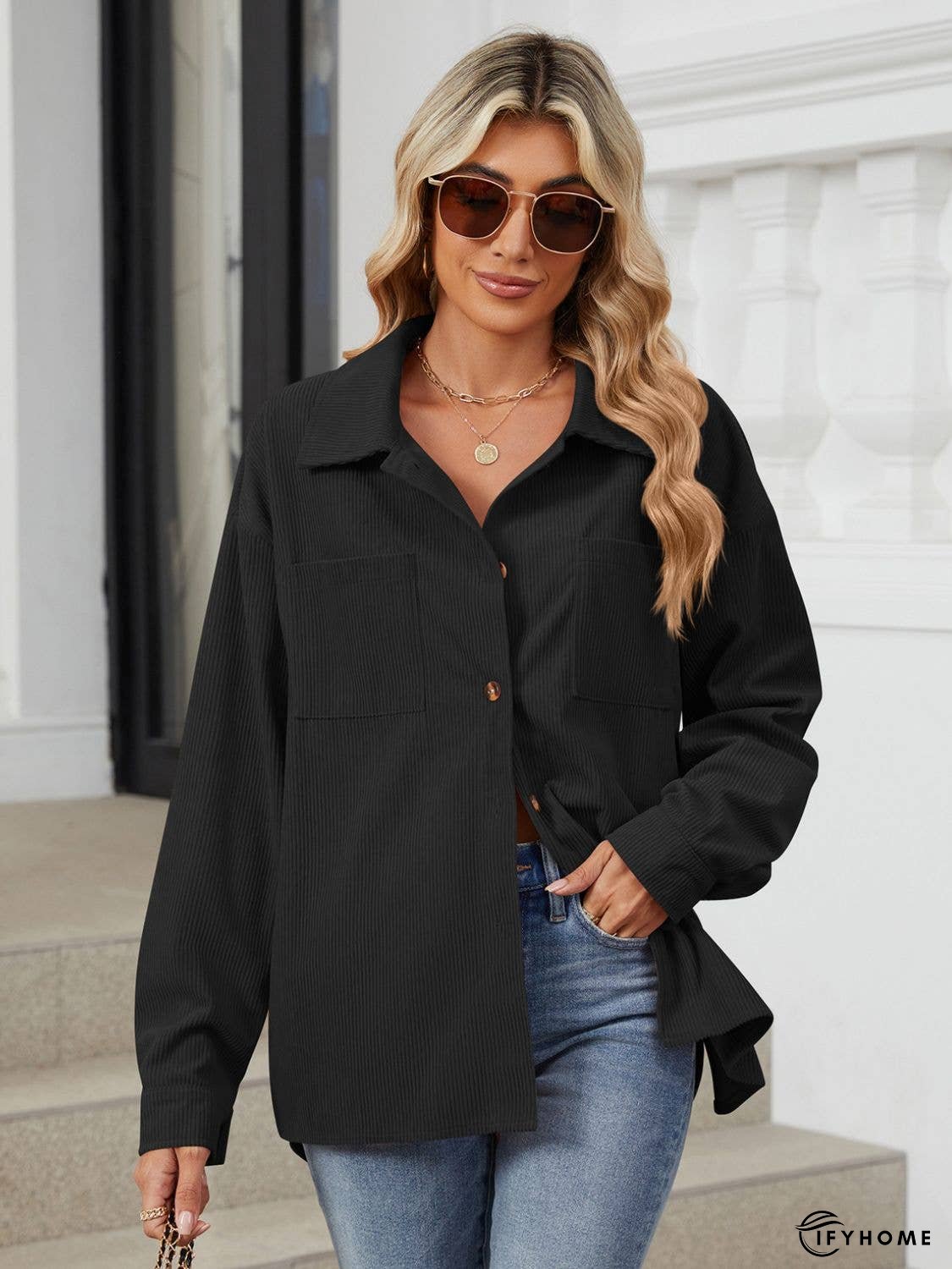 Button Up Dropped Shoulder Long Sleeve Outerwear | IFYHOME