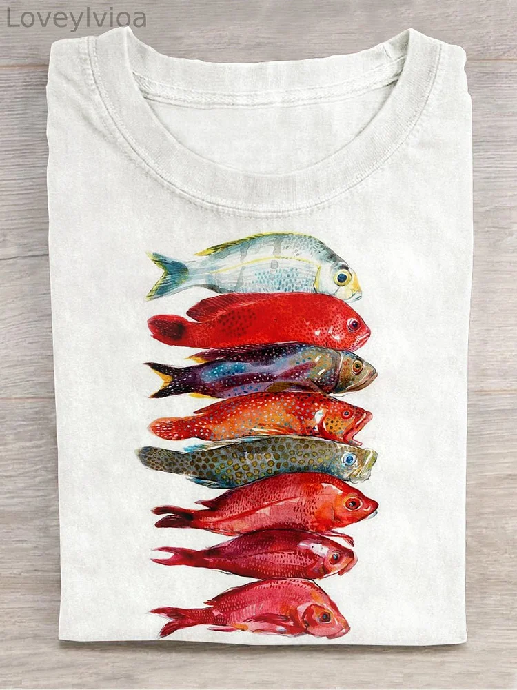 Unisex Fishing Ocean Art Print Round Neck Short Sleeve T-Shirt