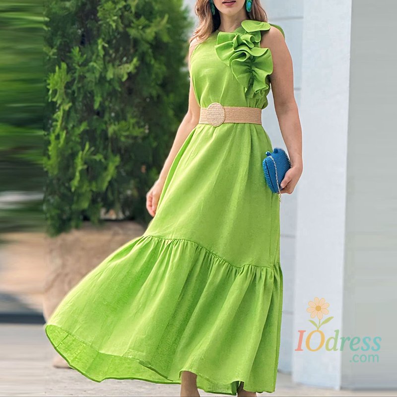 IO Dress Summer New Solid Color Vestido Halter Dress Sexy O-neck Ruffles Sleeveless Dress 2025 New Simple Loose Commute Women Long Dress IO Dress