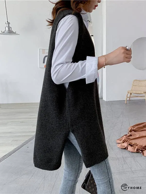 Trendy Sleeveless Split-Side Solid Color V-Neck Knitted Vest | IFYHOME