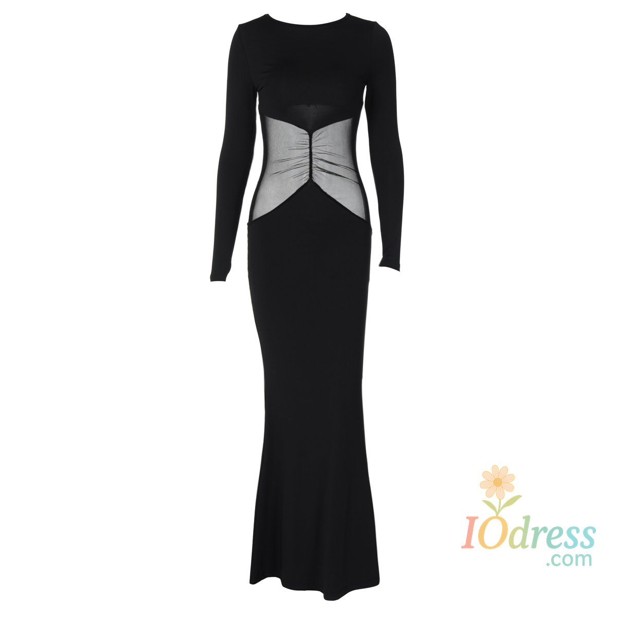 IO Dress Sexy Elegant Trend Round Neck Pullover Long Sleeve Mesh Splicing Slim Fit Maxi Bodycon Black Party Dress for Women Evening