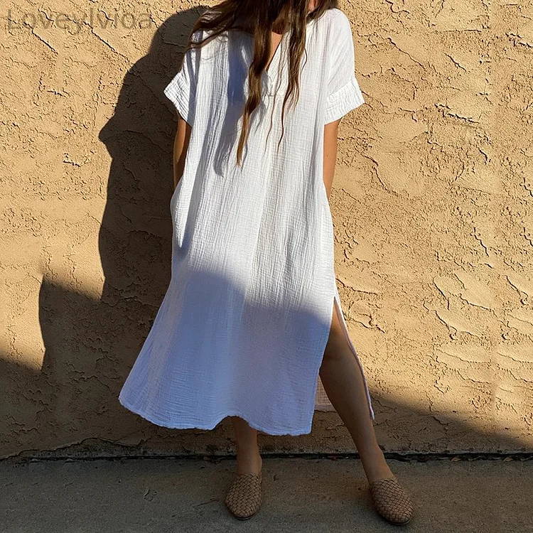 Vintage Plain V Neck Split Short Sleeve Maxi Dress