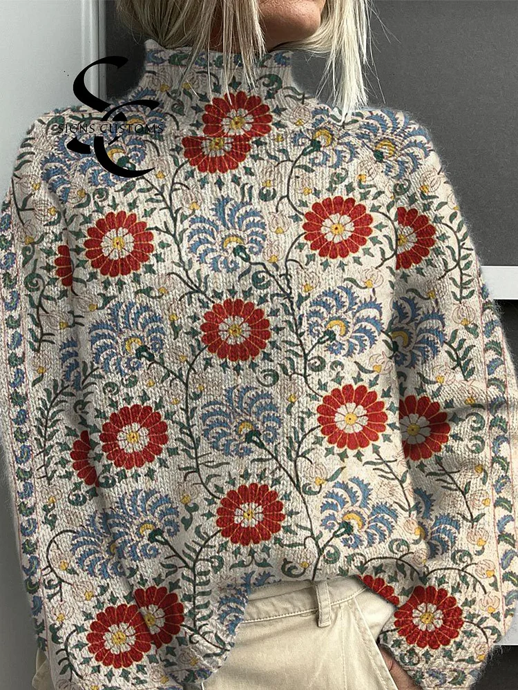 Vintage Floral Symmetry Art Print Knit Turtleneck Pullover Sweater