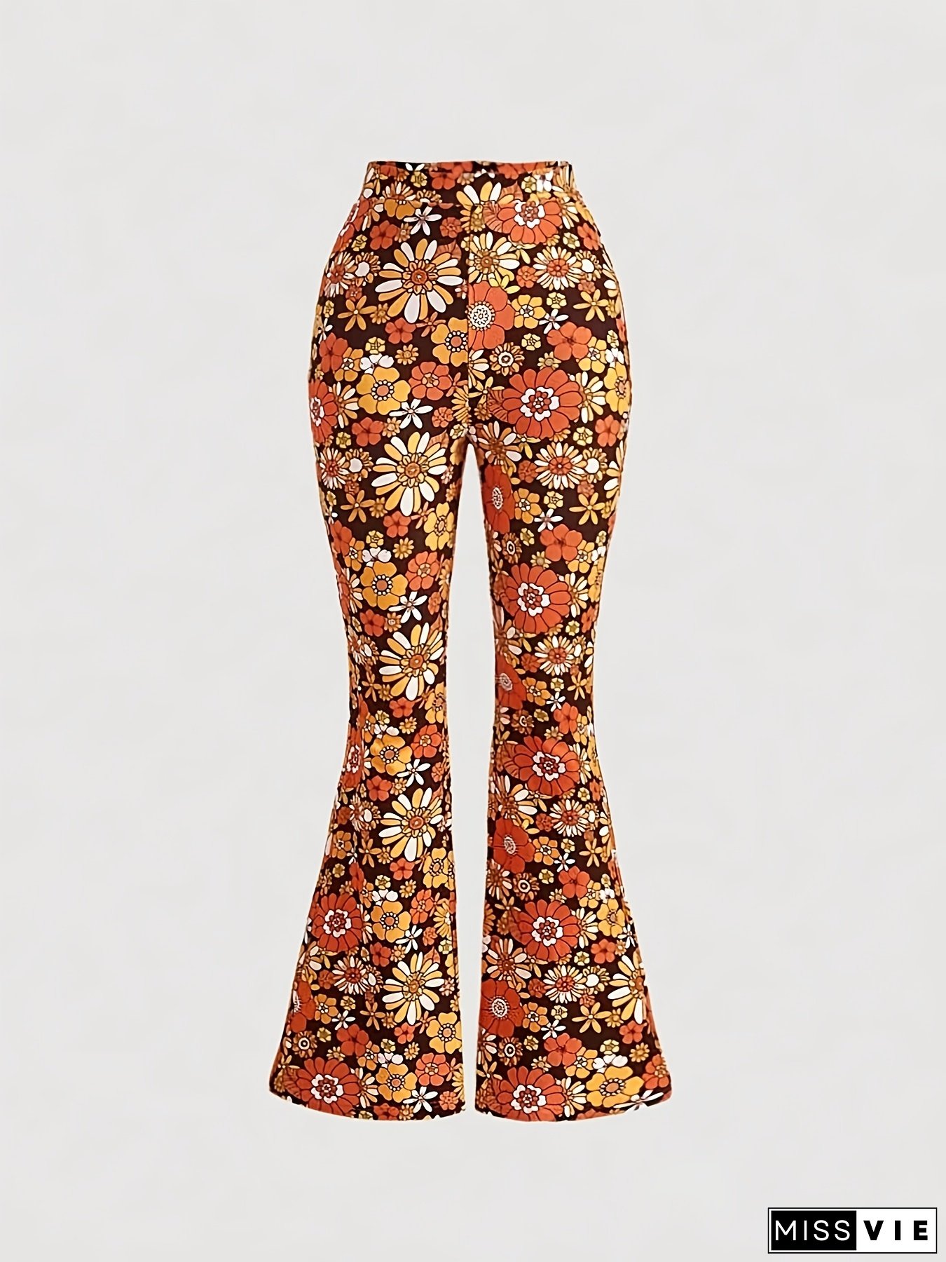 Women's Floral Print Flare Pants, Casual Polyester Spandex Blend, Machine Washable, Flower Pattern