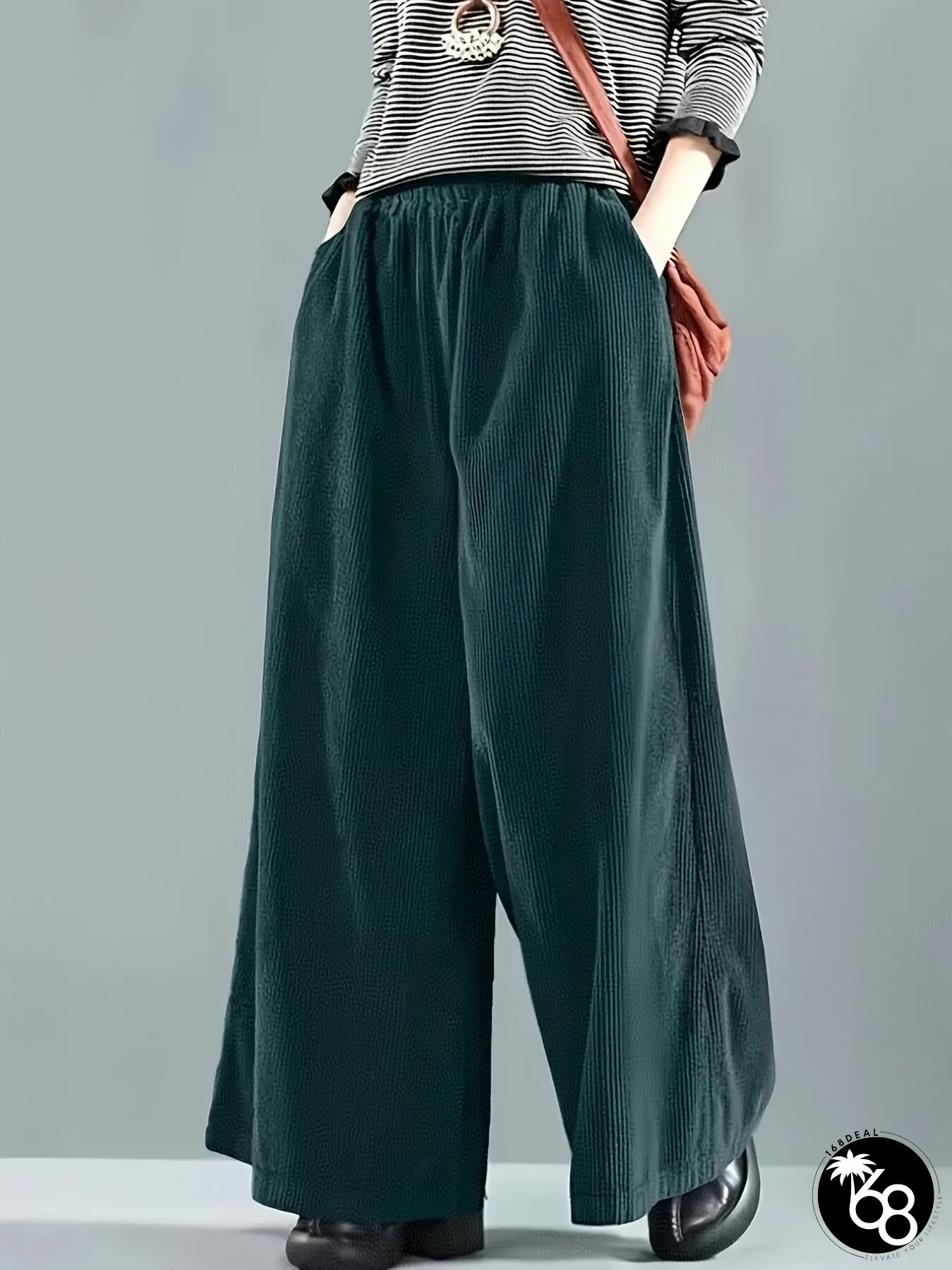 Womens Elegant Wide-Leg Corduroy Pants Elastic Waist with Pockets Solid Green Perfect | 168DEAL