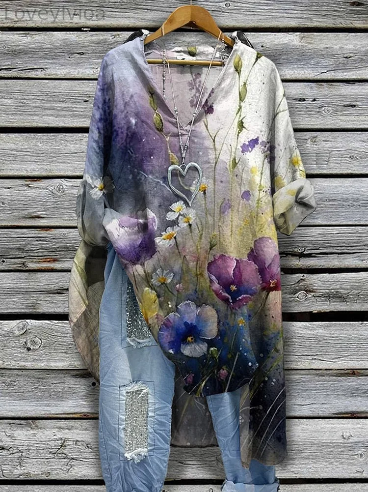 Women‘s Flower Print Casual Cotton And Linen Shirtdress