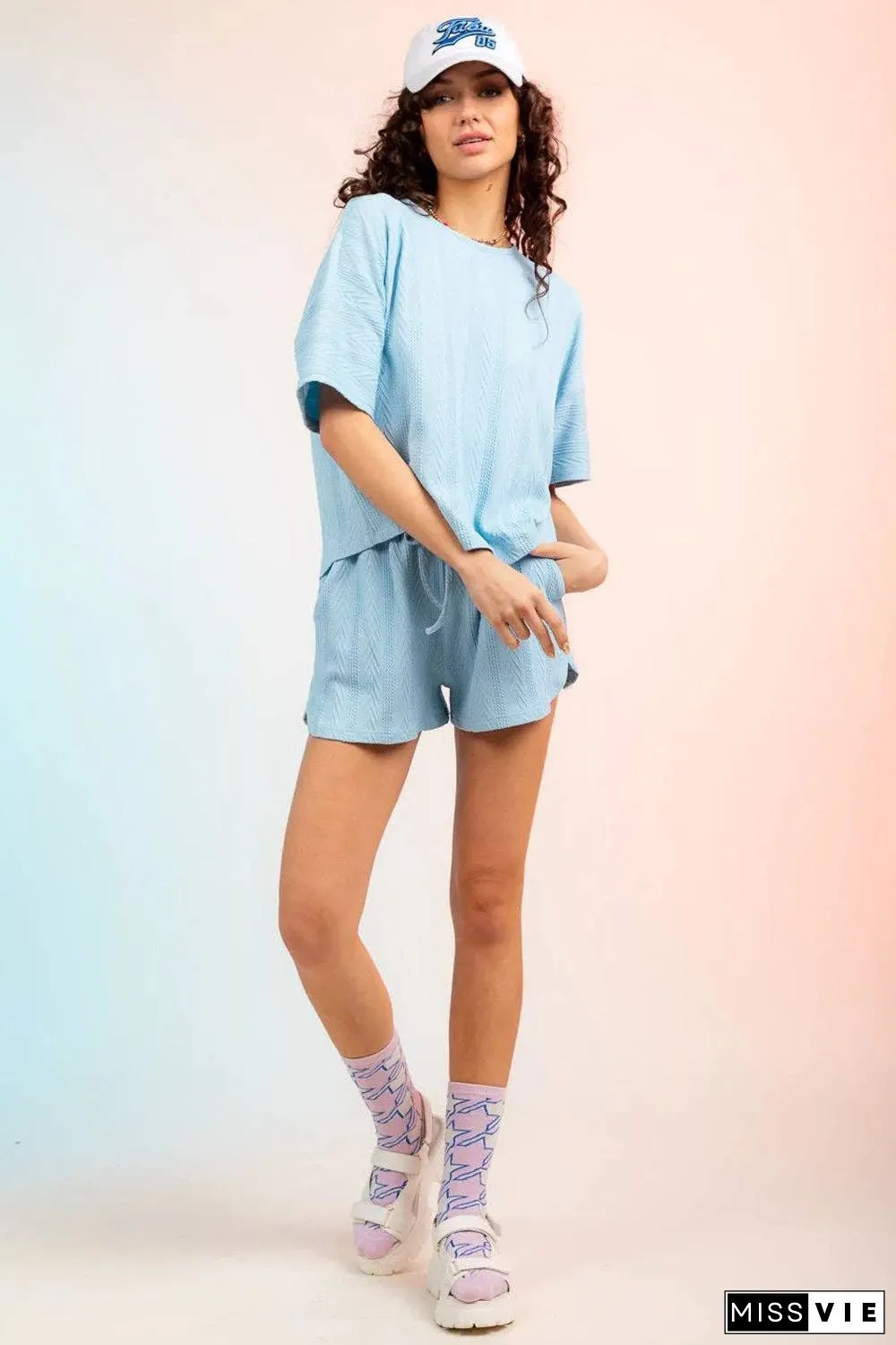 Textured Round Neck Top and Shorts Set