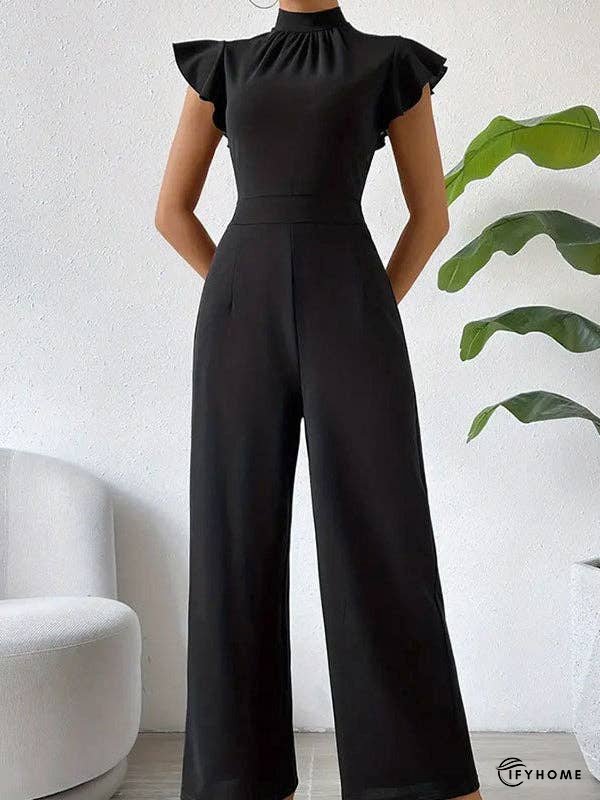 High Waisted Loose Pleated Ruffled Solid Color Mock Neck Jumpsuits | IFYHOME