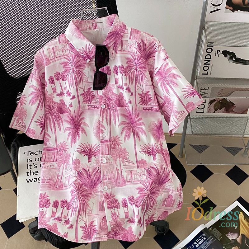 IO Menswear Vintage-inspired Floral Short-sleeve Shirt for Men and Women, Thai Retro Hong Kong Style Hawaiian Artistic Loose  Couple Shirt