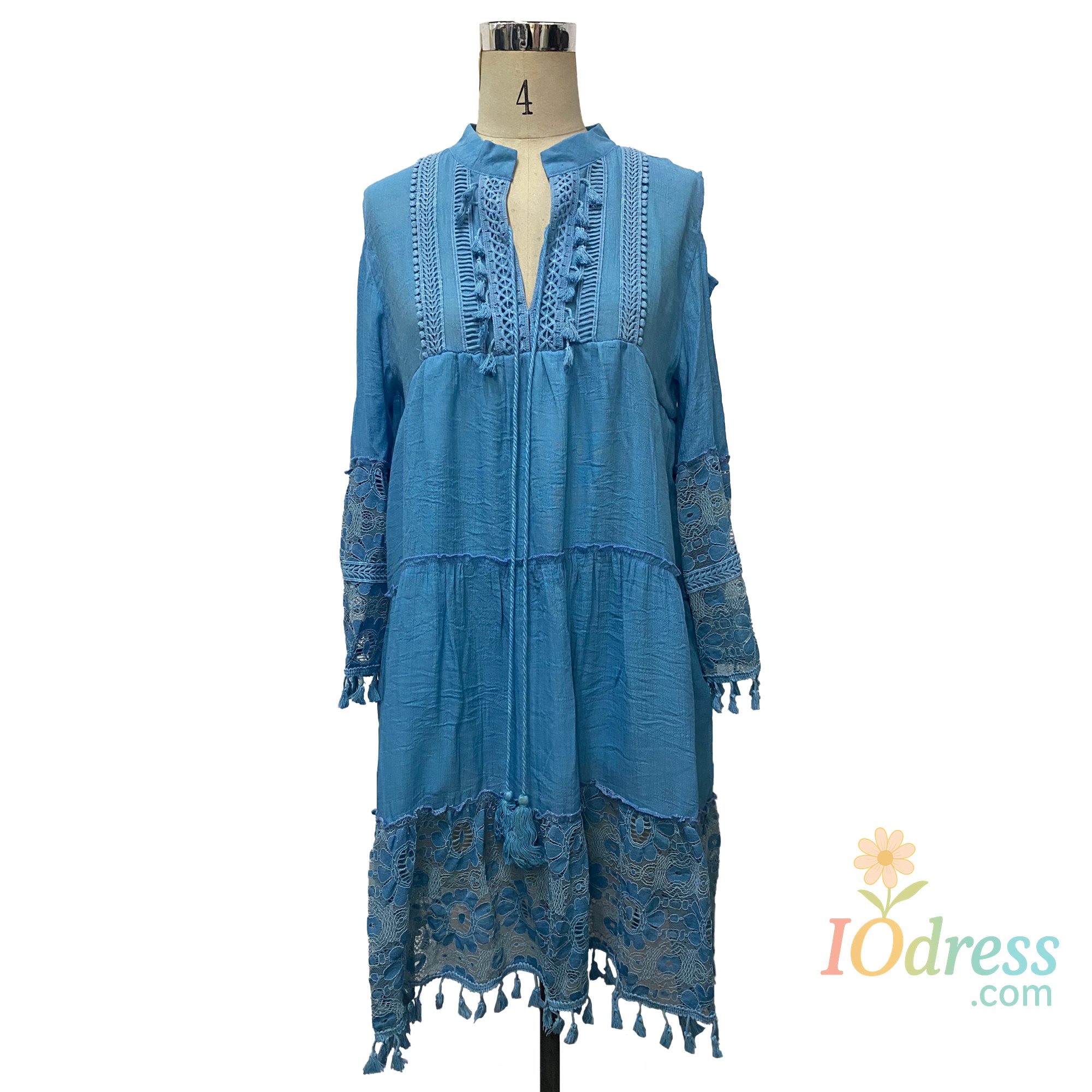 IO Dress New Spring Embroidery Crochet Lace Boho Dress Women Elegant Off Shoulder Tassel Ruffle Mini Dress Summer V Neck Lady Beach Dress