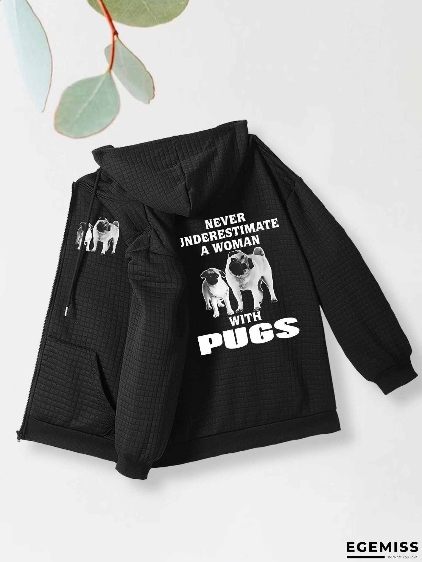 Women&lsquo;s Casual Waffle Zip-Up Hoodie Jacket with "Never Underestimate a Pug" Letter Print - Pink, Drawstring, Machine Washable Polyester, All-Season Comfort, Pug Gifts | EGEMISS