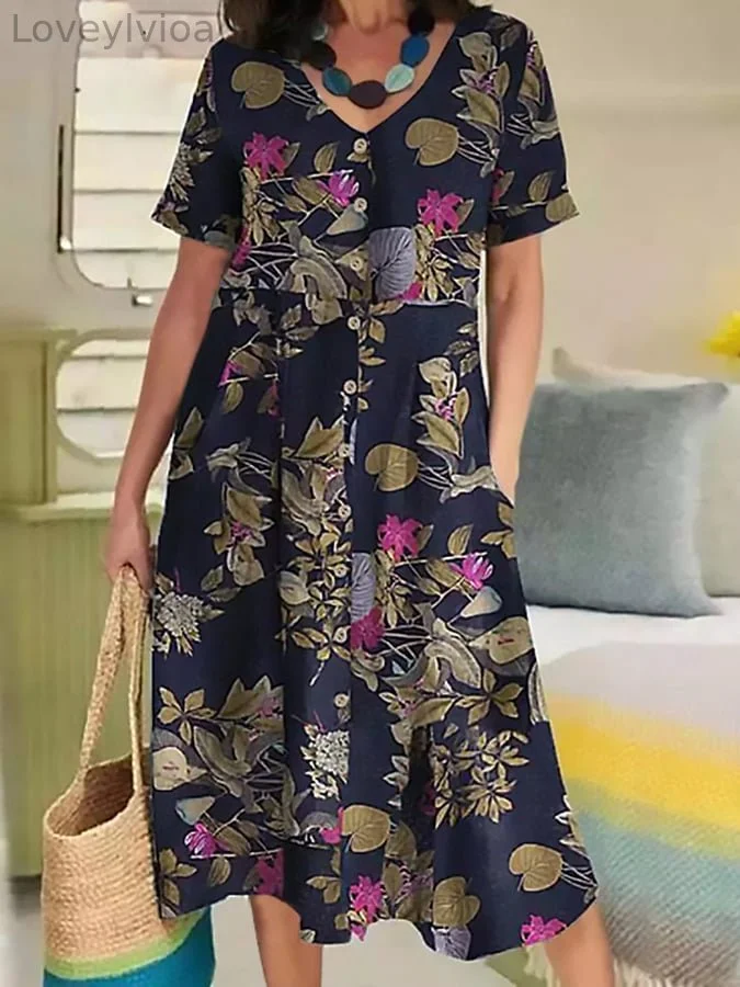Printed Cotton And Linen Ethnic Style Pocket Dress