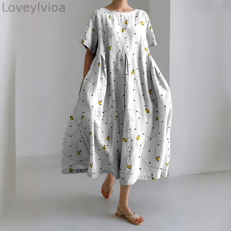 Flying Bees Embroidery Art Print Casual Midi Dress