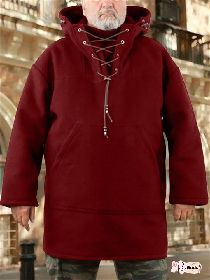 Solid Color Mens Winter Medium-length Casual Tweed Material Loose Type Pullover Hooded Men