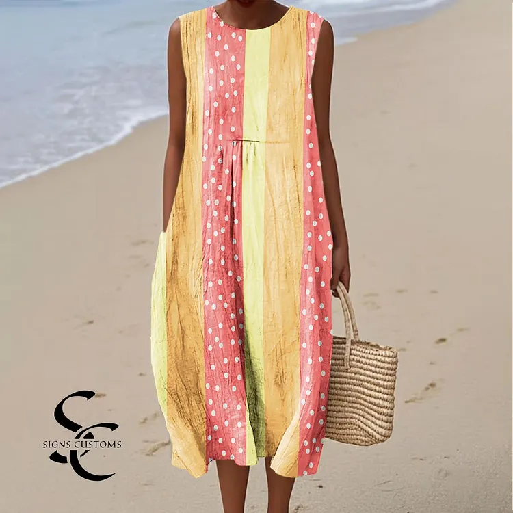 Women's Colorful Abstract Dot Art Print Sleeveless Cotton Pocket Wrap Dress