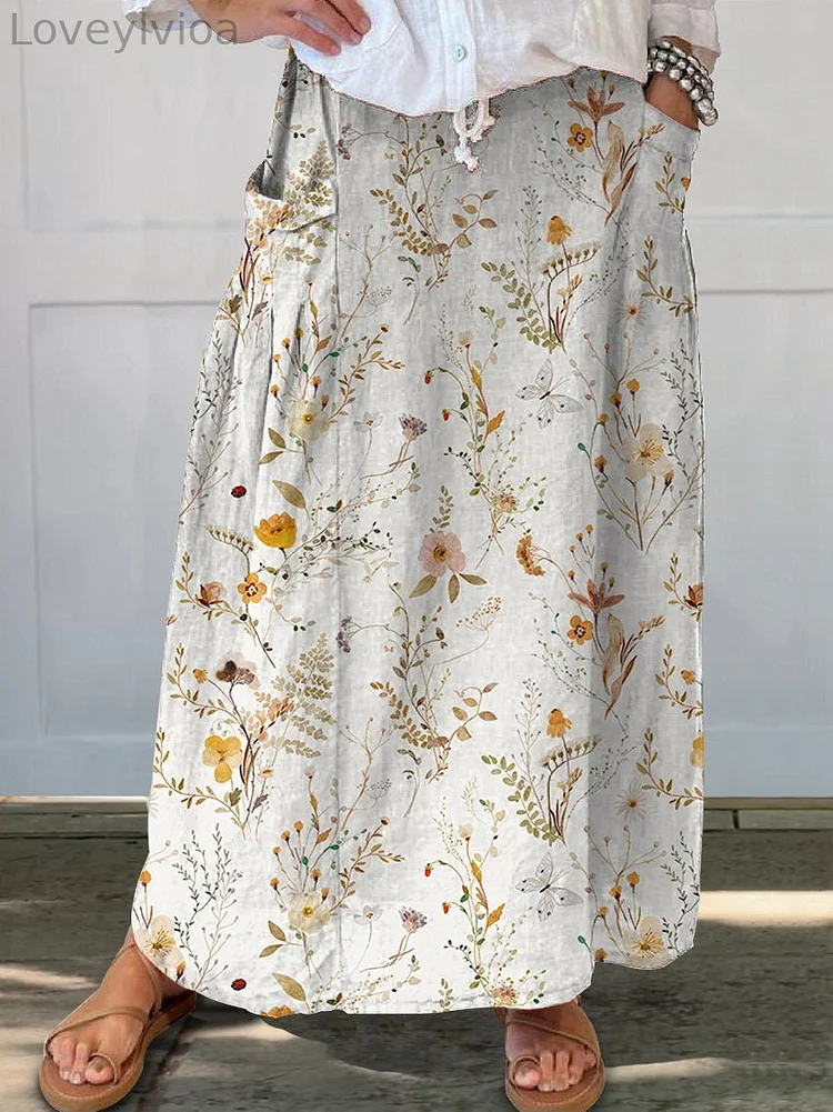 Women's Floral Neutral Tones Light Whimsical Watercolor Linen Pocket Skirt