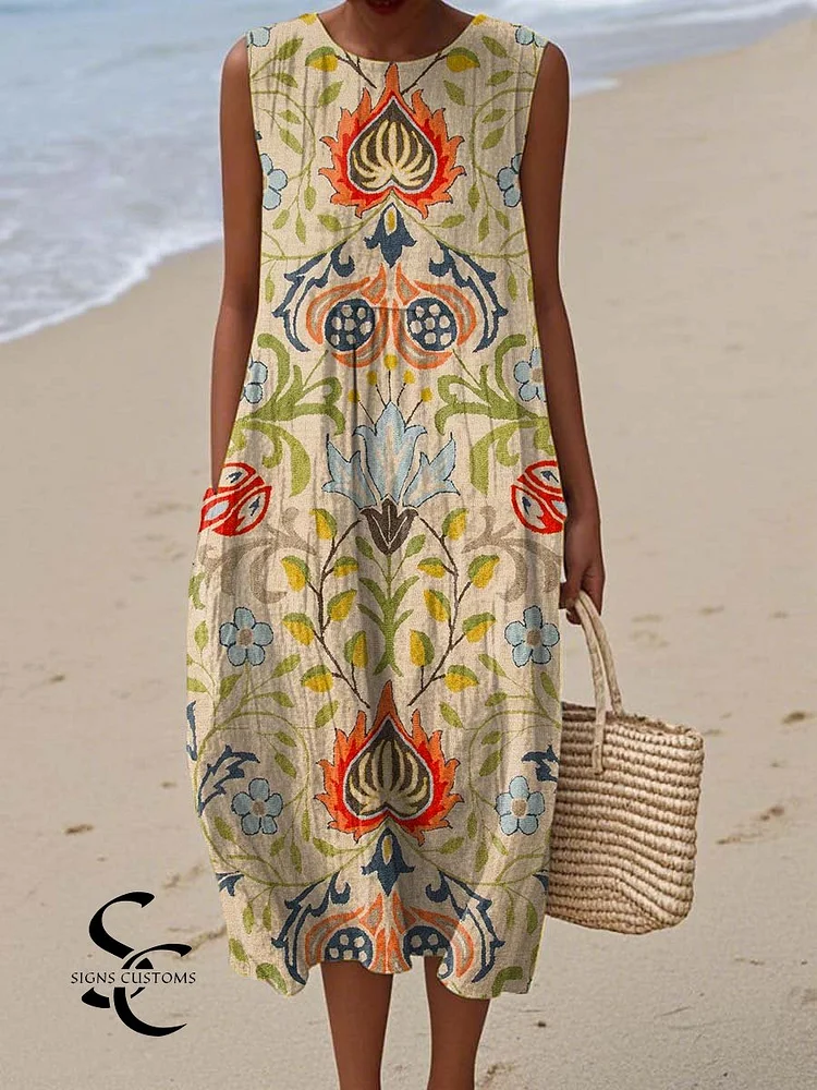 Women's Vintage Floral Art Print Sleeveless Cotton Pocket Wrap Dress