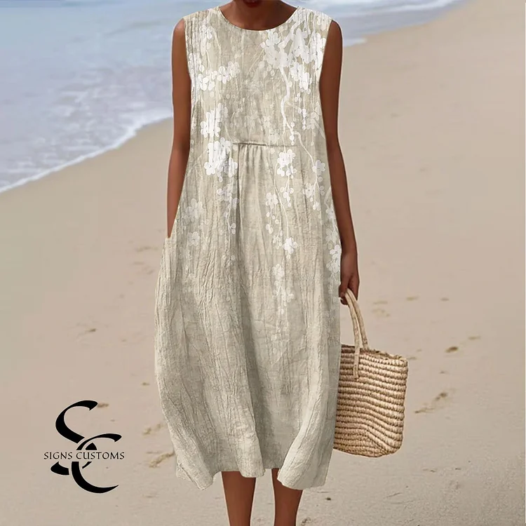 Women's Vintage Flower Art Print Sleeveless Cotton Pocket Wrap Dress